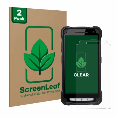 Front side of a product packaging with the brand logo ScreenLeaf. Next to it is the device Point Mobile PM90 shown with the co