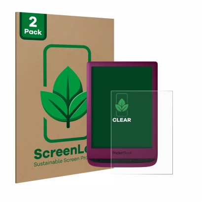 Front side of a product packaging with the brand logo ScreenLeaf. Next to it is the device PocketBook Touch Lux 5 shown with t