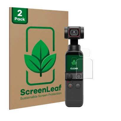 Front side of a product packaging with the brand logo ScreenLeaf. Next to it is the device DJI Osmo Pocket 2 (Display + Lens) 