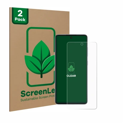 Front side of a product packaging with the brand logo ScreenLeaf. Next to it is the device Samsung Galaxy A52 5G shown with th