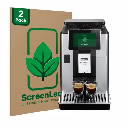 Front side of a product packaging with the brand logo ScreenLeaf. Next to it is the device DeLonghi PrimaDonna Soul ECAM610.74