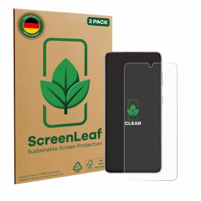 Front side of a product packaging with the brand logo ScreenLeaf. Next to it is the device Samsung Galaxy S21 5G shown with th