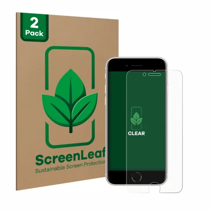 Front side of a product packaging with the brand logo ScreenLeaf. Next to it is the device Apple iPhone SE 3 2022 shown with t
