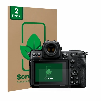 Front side of a product packaging with the brand logo ScreenLeaf. Next to it is the device Nikon Z 8 shown with the correspond