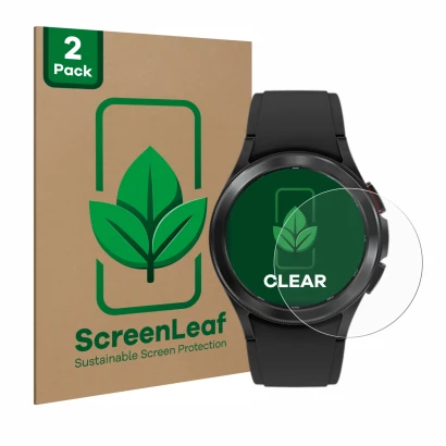 Front side of a product packaging with the brand logo ScreenLeaf. Next to it is the device Samsung Galaxy Watch 4 Classic (42m