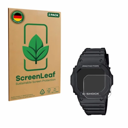 Front side of a product packaging with the brand logo ScreenLeaf. Next to it is the device Casio G-Shock GW-M5610-1ER shown wi