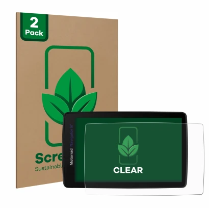 Front side of a product packaging with the brand logo ScreenLeaf. Next to it is the device BMW Navigator VI shown with the cor