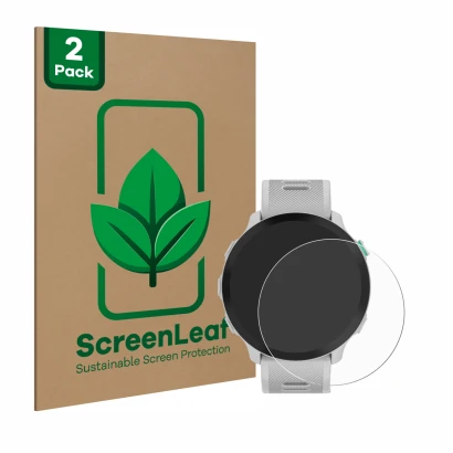 Front side of a product packaging with the brand logo ScreenLeaf. Next to it is the device Garmin Forerunner 55 shown with the
