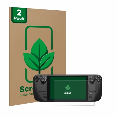 Front side of a product packaging with the brand logo ScreenLeaf. Next to it is the device Valve Steam Deck shown with the cor