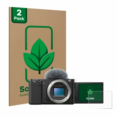 Front side of a product packaging with the brand logo ScreenLeaf. Next to it is the device Sony Alpha ZV-E10 shown with the co