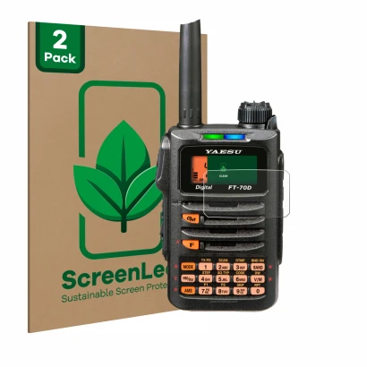 Front side of a product packaging with the brand logo ScreenLeaf. Next to it is the device Yaesu FT-70DR shown with the corres