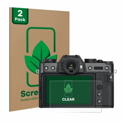 Front side of a product packaging with the brand logo ScreenLeaf. Next to it is the device Fujifilm X-T30 ll shown with the co