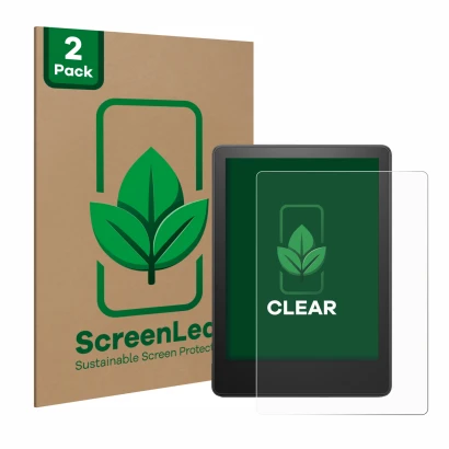 Front side of a product packaging with the brand logo ScreenLeaf. Next to it is the device Amazon Kindle Paperwhite 2021 (11th