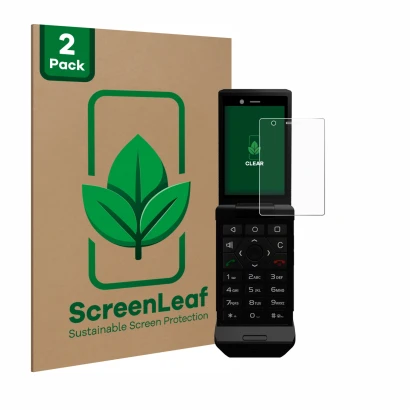 Front side of a product packaging with the brand logo ScreenLeaf. Next to it is the device Caterpillar Cat S22 Flip shown with