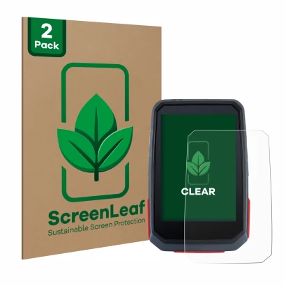 Front side of a product packaging with the brand logo ScreenLeaf. Next to it is the device Sigma ROX 4.0 shown with the corres