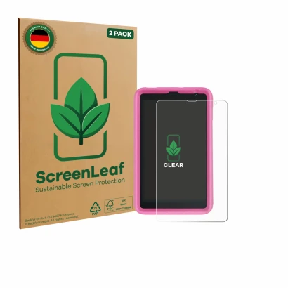 Front side of a product packaging with the brand logo ScreenLeaf. Next to it is the device Blackview Tab 6 Kids shown with the