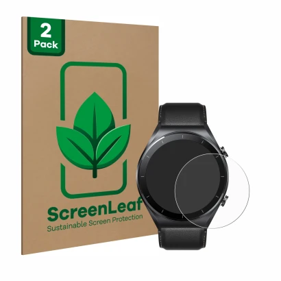 Front side of a product packaging with the brand logo ScreenLeaf. Next to it is the device Xiaomi Watch S1 shown with the corr