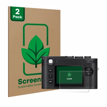 Front side of a product packaging with the brand logo ScreenLeaf. Next to it is the device Leica M11 shown with the correspond