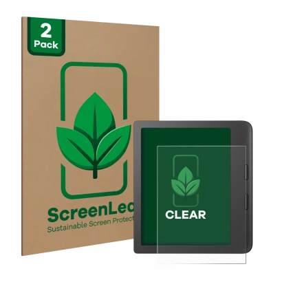 Front side of a product packaging with the brand logo ScreenLeaf. Next to it is the device Tolino Vision 6 shown with the corr