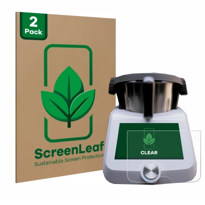 Front side of a product packaging with the brand logo ScreenLeaf. Next to it is the device SilverCrest Monsieur Cuisine Smart 