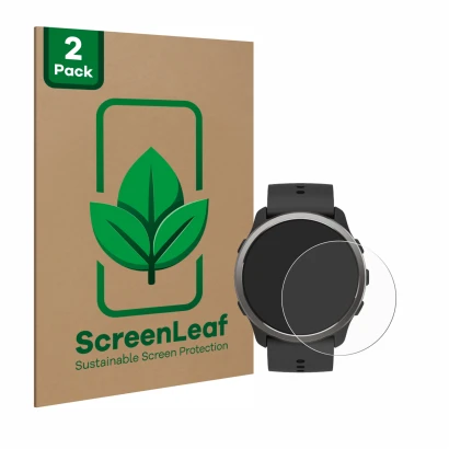 Front side of a product packaging with the brand logo ScreenLeaf. Next to it is the device Suunto 5 Peak shown with the corres