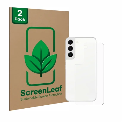 Front side of a product packaging with the brand logo ScreenLeaf. Next to it is the device Samsung Galaxy S22 5G (Back) shown 
