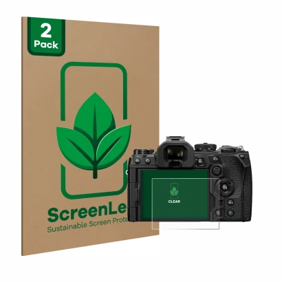 Front side of a product packaging with the brand logo ScreenLeaf. Next to it is the device Olympus OM-1 2022 shown with the co