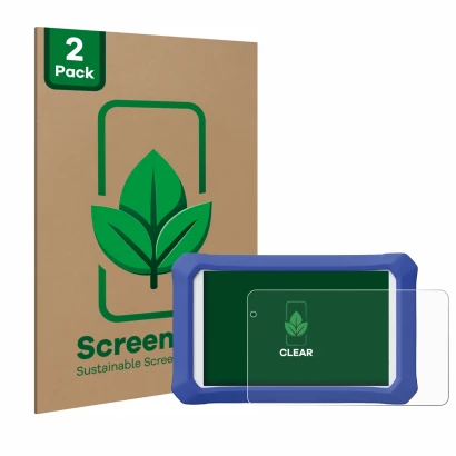 Front side of a product packaging with the brand logo ScreenLeaf. Next to it is the device Clementoni Clempad X Revolution sho