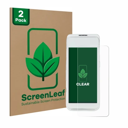 Front side of a product packaging with the brand logo ScreenLeaf. Next to it is the device Pax A920 Pro shown with the corresp