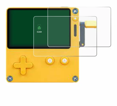 Image of the device Panic Playdate with a wide variety of screen protectors.