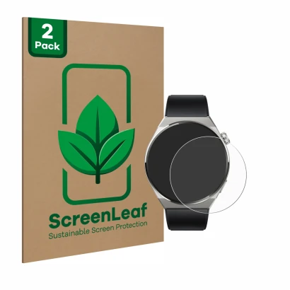 Front side of a product packaging with the brand logo ScreenLeaf. Next to it is the device Huawei Watch GT 3 Pro Titanium (46m