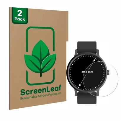 Front side of a product packaging with the brand logo ScreenLeaf. Next to it is the device Circular Displays (ø: 39.5 mm) show