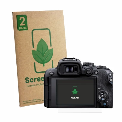 Front side of a product packaging with the brand logo ScreenLeaf. Next to it is the device Canon EOS R10 shown with the corres