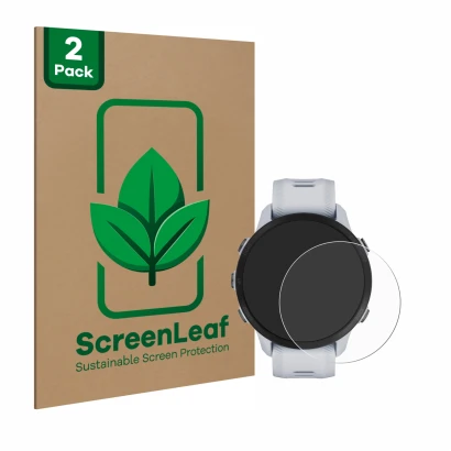 Front side of a product packaging with the brand logo ScreenLeaf. Next to it is the device Garmin Forerunner 955 shown with th