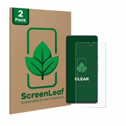 Front side of a product packaging with the brand logo ScreenLeaf. Next to it is the device Google Pixel 7 shown with the corre