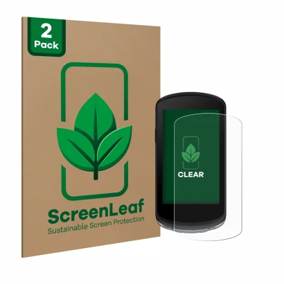 Front side of a product packaging with the brand logo ScreenLeaf. Next to it is the device Garmin Edge 1040 shown with the cor