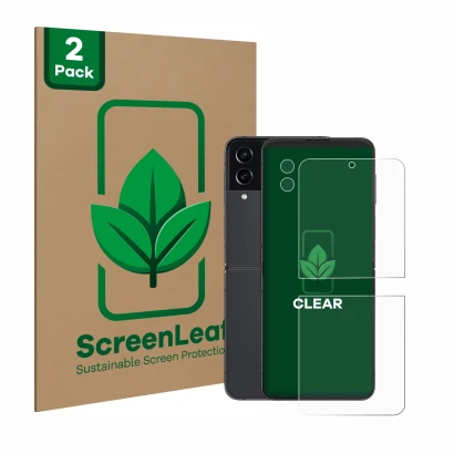 Front side of a product packaging with the brand logo ScreenLeaf. Next to it is the device Samsung Galaxy Z Flip 4 (Front+Came