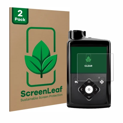 Front side of a product packaging with the brand logo ScreenLeaf. Next to it is the device Medtronic Minimed 780G shown with t
