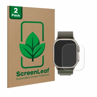 Front side of a product packaging with the brand logo ScreenLeaf. Next to it is the device Apple Watch Ultra (49 mm) shown wit