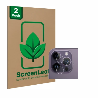 Front side of a product packaging with the brand logo ScreenLeaf. Next to it is the device Apple iPhone 14 Pro (ONLY Camera Le