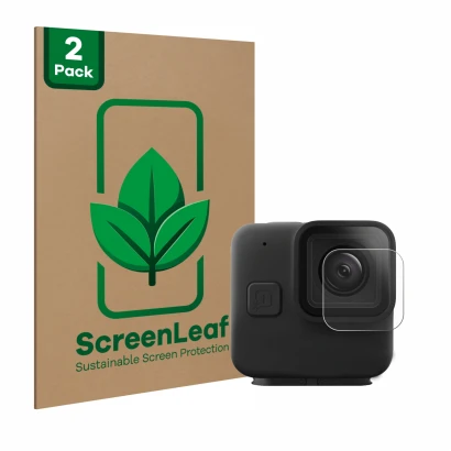 Front side of a product packaging with the brand logo ScreenLeaf. Next to it is the device GoPro Hero 11 mini Lens (housing) s