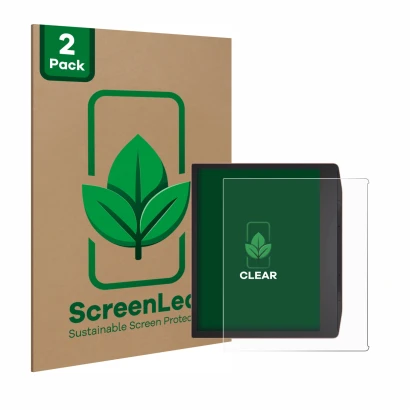 Front side of a product packaging with the brand logo ScreenLeaf. Next to it is the device PocketBook Era shown with the corre