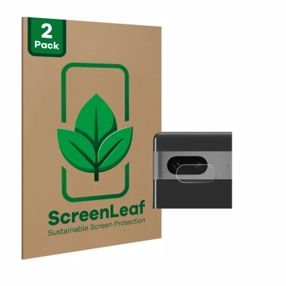 Front side of a product packaging with the brand logo ScreenLeaf. Next to it is the device Google Pixel 7 (ONLY Camera Lens) s