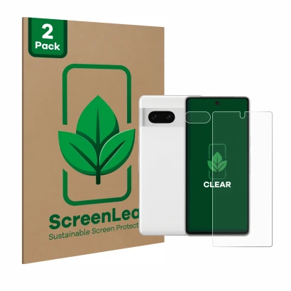 Front side of a product packaging with the brand logo ScreenLeaf. Next to it is the device Google Pixel 7 (Front+Camera) shown