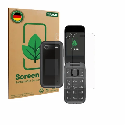 Front side of a product packaging with the brand logo ScreenLeaf. Next to it is the device Nokia 2660 Flip (Front+Back) shown 