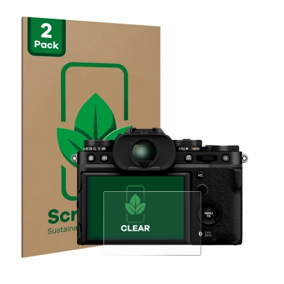 Front side of a product packaging with the brand logo ScreenLeaf. Next to it is the device Fujifilm X-T5 shown with the corres