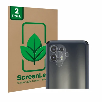 Front side of a product packaging with the brand logo ScreenLeaf. Next to it is the device Motorola Edge 20 Lite (ONLY Camera 