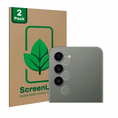 Front side of a product packaging with the brand logo ScreenLeaf. Next to it is the device Samsung Galaxy S23 (ONLY Camera Len