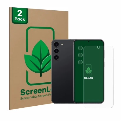 Front side of a product packaging with the brand logo ScreenLeaf. Next to it is the device Samsung Galaxy S23 (Front+Camera) s