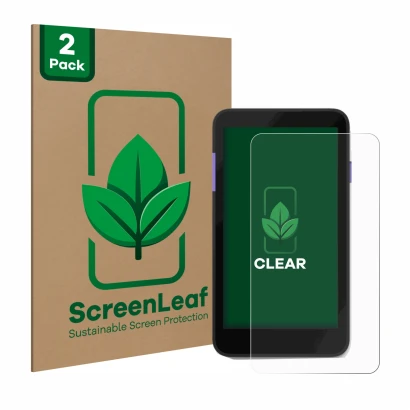 Front side of a product packaging with the brand logo ScreenLeaf. Next to it is the device Zettle Terminal (by Paypal) shown w